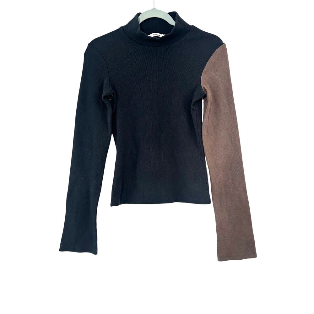INTERIOR NYC Ribbed Mock Neck Top Size Black Brown Contrast Sleeve Colorblock 6